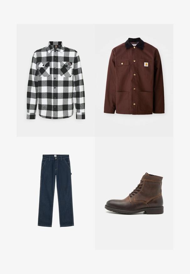 Veste en coton marron avec un col en velours côtelé noir, des boutons dorés, deux poches poitrine et un écusson carré sur la poche gauche.; Chemise en flanelle noir et blanc avec un motif à carreaux, présentant deux poches poitrine, un devant boutonné et un col. Tissu doux et texturé.; Pantalon en jean bleu foncé à jambes droites avec poches avant, passants pour ceinture et fermeture par bouton à la taille.; Jack & Jones JFWDELANEY BOOT - Bottines à lacets - cognac