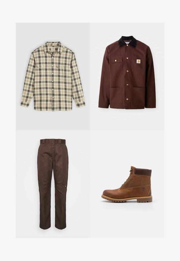 Bruine katoenen jas met een zwarte corduroy kraag, gouden knopen, twee borstzakken en een vierkante logo patch op de linkerzak.; Langarm geruite blouse in beige, zwart en bruin stof, met knoopsluiting, twee borstzakken en een klassiek kraagontwerp.; Bruine, recht lopende broek met een gladde textuur. Heeft een riemlus, zijnaad en een klein merklogo op het linkerbeen.; Bruine leren wandelschoen met een gladde afwerking, gevoerde enkel, metalen oogjes en een rubberen zool met een robuust profiel.