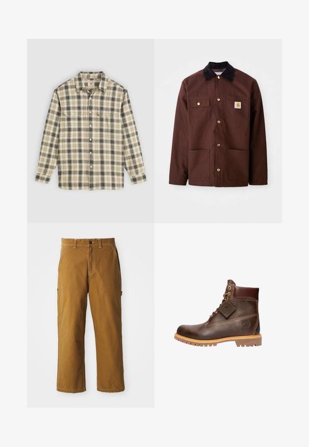 Bruine katoenen jas met een zwarte corduroy kraag, gouden knopen, twee borstzakken en een vierkante logo patch op de linkerzak.; Langarm geruite blouse in beige, zwart en bruin stof, met knoopsluiting, twee borstzakken en een klassiek kraagontwerp.; Bruine katoenen broek met een rechte snit, versterkte stiksels en zijzakken. Beschikt over een knoopsluiting en riemlussen in de taille.; Bruine leren enkelboot met een ronde neus, stevige zool, hardware in goudkleur en een gestructureerde bovenkant. Inclusief een merklabel dat is bevestigd.