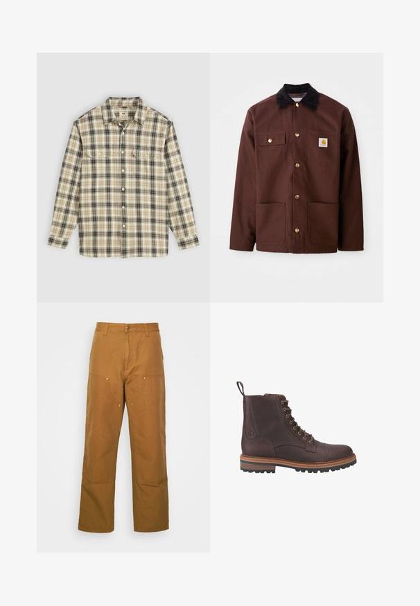 Bruine katoenen jas met een zwarte corduroy kraag, gouden knopen, twee borstzakken en een vierkante logo patch op de linkerzak.; Langarm geruite blouse in beige, zwart en bruin stof, met knoopsluiting, twee borstzakken en een klassiek kraagontwerp.; Bruine katoenen utility broeken met een rechte pijpdesign, voorzien van voorzakken en metalen hardware accenten voor extra duurzaamheid.; Bruine leren veterschoenen tot boven de enkel met een gestructureerde afwerking, contrasterende beige zolen en metalen veteroogjes. Voorzien van een trekkoordje voor gemakkelijk aan- en uittrekken.