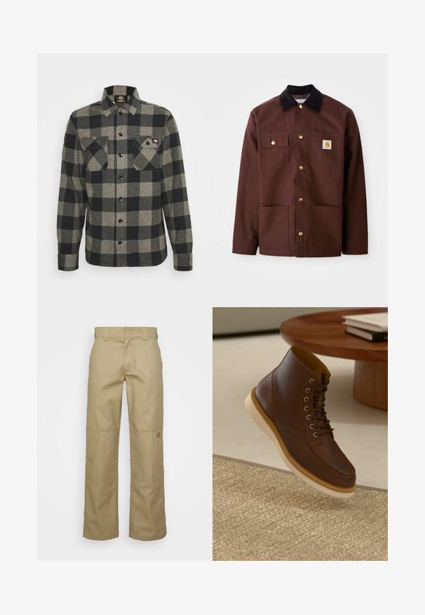 Bruine katoenen jas met een zwarte corduroy kraag, gouden knopen, twee borstzakken en een vierkante logo patch op de linkerzak.; Zwart en grijs geblokt flanellen shirt met lange mouwen, knoopsluiting aan de voorkant, twee borstzakken en een licht gebogen zoom. Gegarneerde stof.; Beige wijde broek gemaakt van een katoenmix. Kenmerkt zich door versterkte kniezakken en een klein logo-opdruk op de bovenbeen.; Bruine leren enkelboot met beige zool op een gestructureerd beige vloerkleed naast een ronde houten tafel met opgestapelde boeken.