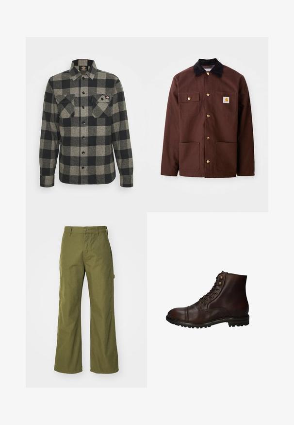 Braune Baumwolljacke mit einem schwarzen Cordkragen, goldenen Knöpfen, zwei Brusttaschen und einem quadratischen Logopatch auf der linken Tasche.; Schwarzes und graues kariertes Flanellhemd mit langen Ärmeln, Knopfverschluss vorne, zwei Brusttaschen und einem leicht abgerundeten Saum. Strukturiert. ; Olivgrüne, weite Hosen aus strapazierfähigem Material, mit Knopfverschluss, seitlichen Taschen und einem geraden Saumdesign.; Dunkelbraune Leder Schnürstiefelette mit robustem Gummisohlen und Metallösen, von der Außenseite betrachtet.