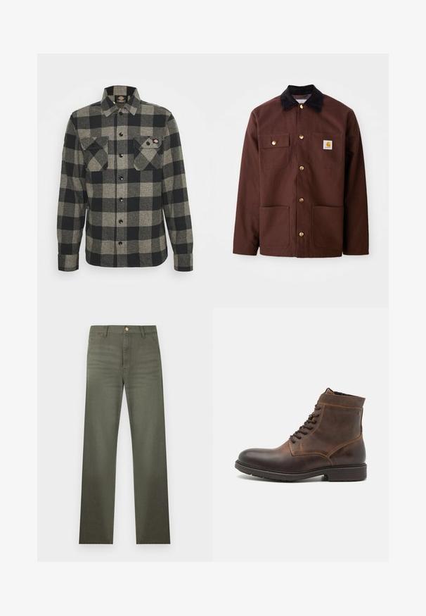 Braune Baumwolljacke mit einem schwarzen Cordkragen, goldenen Knöpfen, zwei Brusttaschen und einem quadratischen Logopatch auf der linken Tasche.; Schwarzes und graues kariertes Flanellhemd mit langen Ärmeln, Knopfverschluss vorne, zwei Brusttaschen und einem leicht abgerundeten Saum. Strukturiert. ; Olivgrüne Hose mit geradem Bein, Gürtelösen, Fronttaschen und Knopfverschluss an der Taille.; Jack & Jones JFWDELANEY BOOT - Schnürstiefelette - cognac