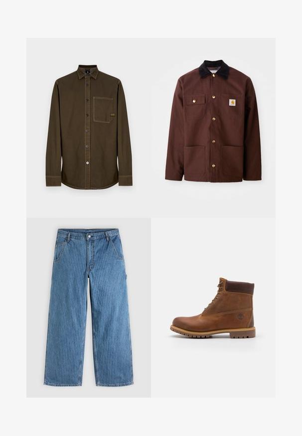 Veste en coton marron avec un col en velours côtelé noir, des boutons dorés, deux poches poitrine et un écusson carré sur la poche gauche.; Chemise boutonnée à manches longues de couleur marron foncé avec col, poche poitrine unique et coutures visibles sur fond blanc.; Jean bleu à jambes larges avec fines rayures verticales blanches, poches avant, passants pour ceinture et fermeture par bouton à la taille.; Botte de randonnée en cuir marron avec une finition lisse, cheville rembourrée, œillets en métal et semelle en caoutchouc dotée d'un motif de crampons robuste.