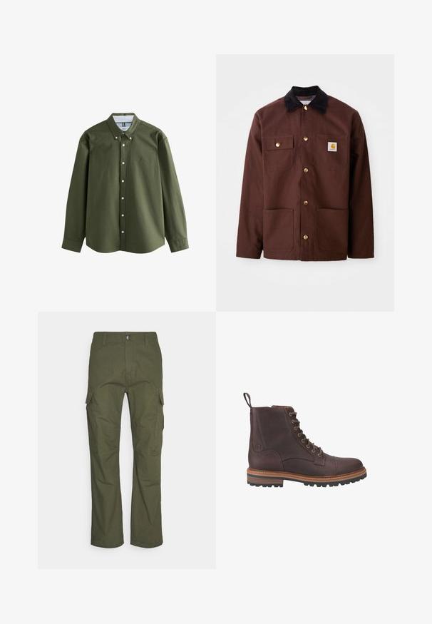 Veste en coton marron avec un col en velours côtelé noir, des boutons dorés, deux poches poitrine et un écusson carré sur la poche gauche.; Chemise à manches longues vert olive avec un col boutonné, des boutons sur le devant et un petit logo brodé. Tissu doux avec un design structuré.; Pantalons cargo en vert olive foncé, dotés de multiples poches latérales, d'une coupe droite et d'un tissu durable à finition texturée.; Bottes chevilles en cuir marron à lacets avec une finition texturée, semelles beiges contrastantes et œillets métalliques. Comprend une languette pour un enfilage facile.
