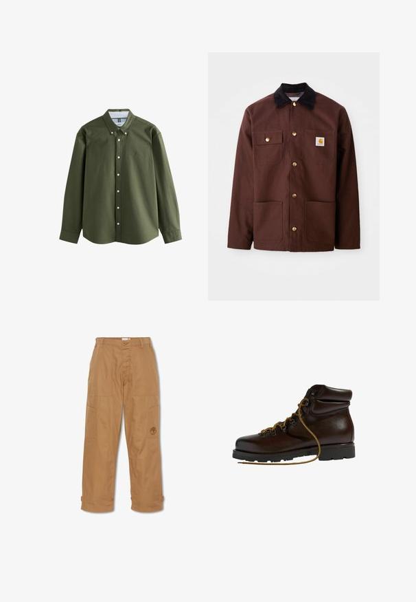 Brun bomuldsjakke med en sort fløjlskrave, gyldne knapper, to brystlommer og et firkantet logo-patch på venstre lomme.; Olivengrøn langærmet skjorte med button-down krave, frontknapper og et lille broderet logo. Blødt stof med struktureret design.; Khaki arbejdsbukser, lavet af slidstærkt stof, har flere lommer, knaplukning og broderet logo på låret.; Brun læder vandrestøvle med en afrundet tå, tekstureret overflade, gule snørebånd og metaløjer. Har en robust sort gummisål.