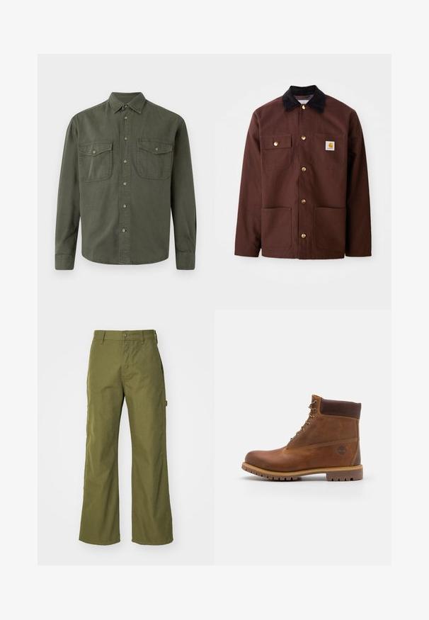 Bruine katoenen jas met een zwarte corduroy kraag, gouden knopen, twee borstzakken en een vierkante logo patch op de linkerzak.; Khaki langekootshirt van katoen. Heeft een knoopsluiting aan de voorkant, twee borstzakken met kleppen en een klassieke kraag. Eenvoudig ontwerp.; Olijfgroene wijde broek van duurzaam materiaal, met een knoopsluiting, zijzakken en een rechte zoom.; Bruine leren wandelschoen met een gladde afwerking, gevoerde enkel, metalen oogjes en een rubberen zool met een robuust profiel.