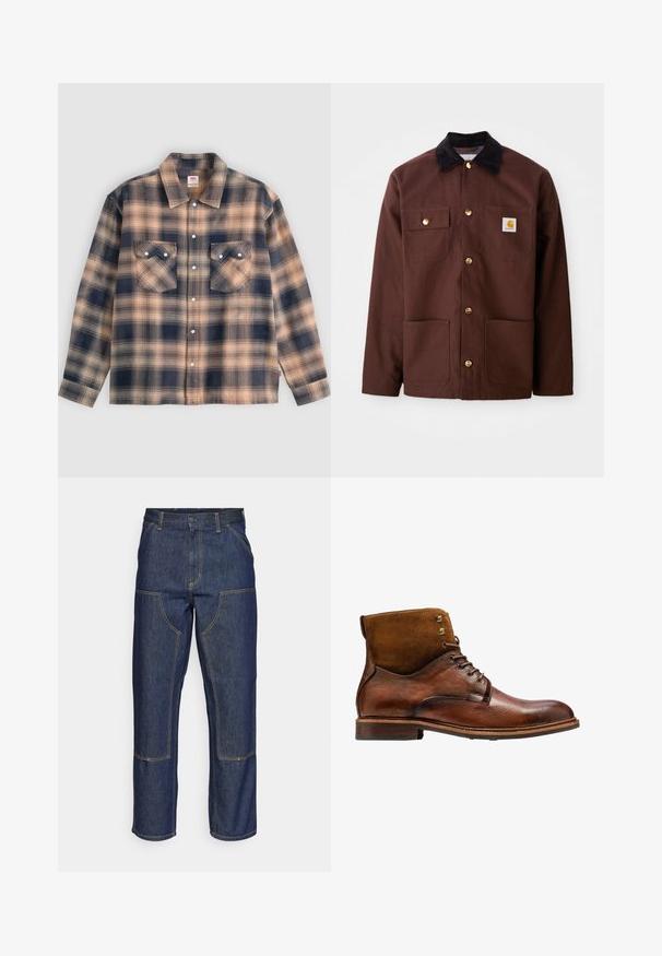 Veste en coton marron avec un col en velours côtelé noir, des boutons dorés, deux poches poitrine et un écusson carré sur la poche gauche.; Veste-chemise à manches longues à carreaux beige et bleu foncé avec deux poches à rabat à l'avant et des boutons-pression blancs au centre.; Jeans en denim bleu foncé avec une taille haute, une coupe droite, des coutures contrastantes et des poches appliquées à l'avant.; Kazar ALID - Bottines à lacets - brown