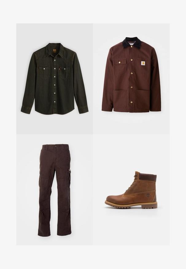 Braune Baumwolljacke mit einem schwarzen Cordkragen, goldenen Knöpfen, zwei Brusttaschen und einem quadratischen Logopatch auf der linken Tasche.; Schwarzes Jeanshemd mit langen Ärmeln, spitzem Kragen, zwei Brusttaschen, silbernen Knöpfen und gelben Nähtelementen. Klassisches Western-Design.; Braune Cargo-Hose aus robustem Baumwollstoff, mit seitlichen Taschen, einer lässigen Passform und geraden Beinen mit sichtbaren Nähten.; Braune Lederwanderschuhe mit glatter Oberfläche, gepolstertem Knöchel, Metallösen und einer Gummisohle mit robustem Profil.