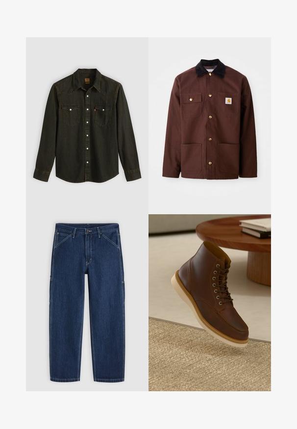 Ruskea puuvillatakki, jossa on musta corduroy-kaulus, kultaiset napit, kaksi rintataskua ja neliön muotoinen logo-patch vasemmassa taskussa.; Pitkähihaista mustaa farkkupaitaa, jossa on terävä kaulus, kaksi rintataskua, hopeiset napit ja keltaiset ompelu yksityiskohdat. Klassinen western-muotoinen muotoilu.; Tummansiniset suorat farkut, joissa edessä nappi- ja vetoketjusuljenta, viistot etutaskut ja näkyvät valkoiset ompeleet.; Ruske kožne gležnjače s bež potplatom na teksturiranom bež tepihu pored okruglog drvenog stola sa naslaganim knjigama.