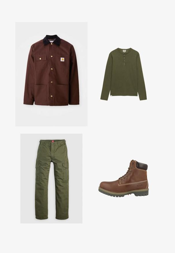Bruine katoenen jas met een zwarte corduroy kraag, gouden knopen, twee borstzakken en een vierkante logo patch op de linkerzak.; Olijfgroen henley-shirt met lange mouwen, vier zwarte knopen en een ronde hals, weergegeven op een witte achtergrond.; Olijfgroene cargobroek gemaakt van duurzame stof, met zijzakken, een knoopsluiting en een rechte pijpdesign.; Bruine leren enkellaars met een afgeronde neus, gevoerde kraag, witte stiksels en een rubberen buitenzool met een gripprofiel.