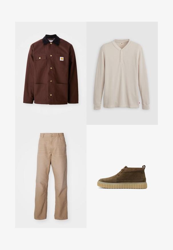 Chaqueta de algodón marrón con un cuello de pana negro, botones dorados, dos bolsillos en el pecho y un parche cuadrado con el logo en el bolsillo izquierdo.; Camisa tipo henley de manga larga en tejido acanalado color beige claro, con escote en V,tapeta de tres botones, y mangas con puños. Etiqueta de logo roja en el dobladillo.; Pantalones de algodón beige con diseño de pierna recta, que presentan un cierre de cremallera, estilo de cinco bolsillos y una textura sutil.; Botines de ante marrón con punta redondeada, costuras mínimas y suela de goma gruesa y texturizada. Presenta un diseño de cordones y una pestaña en el talón.