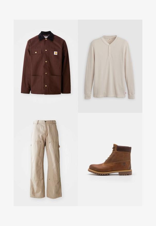 Ruskea puuvillatakki, jossa on musta corduroy-kaulus, kultaiset napit, kaksi rintataskua ja neliön muotoinen logo-patch vasemmassa taskussa.; Pitkähihaine henley-paitaa vaaleanbeige ribbikankaasta, jossa on V-pääntie, kolmesta nappia koostuva nappilista ja hihoissa resorit. Punainen logonauha helman kohdalla.; Beige leveled-legs-housut, jotka on valmistettu kestävästä puuvillakankaasta. Ominaisuuksiin kuuluvat etu- ja sivutaskut, näkyvät tikkaukset ja metalliset yksityiskohdat taskuissa.; Ruske kožne planinarske čizme s glatkom površinom, podstavljenim gležnjem, metalnim rupama za vezivanje i gumeni potplat s robusnim uzorkom.
