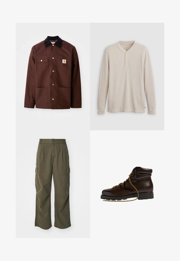 Chaqueta de algodón marrón con un cuello de pana negro, botones dorados, dos bolsillos en el pecho y un parche cuadrado con el logo en el bolsillo izquierdo.; Camisa tipo henley de manga larga en tejido acanalado color beige claro, con escote en V,tapeta de tres botones, y mangas con puños. Etiqueta de logo roja en el dobladillo.; Pantalones cargo en verde oliva, fabricados en algodón, con un diseño de pierna ancha, pliegues y bolsillos laterales para mayor utilidad.; Botas de senderismo de cuero marrón con punta redondeada, superficie texturizada, cordones amarillos y ojales de metal. Cuentan con una suela de goma negra resistente.