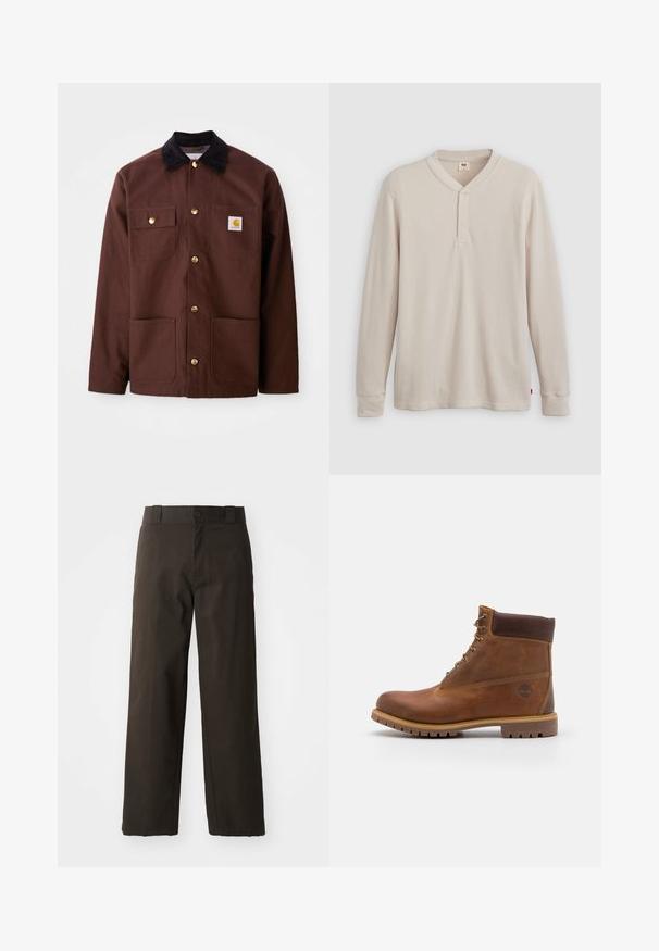 Chaqueta de algodón marrón con un cuello de pana negro, botones dorados, dos bolsillos en el pecho y un parche cuadrado con el logo en el bolsillo izquierdo.; Camisa tipo henley de manga larga en tejido acanalado color beige claro, con escote en V,tapeta de tres botones, y mangas con puños. Etiqueta de logo roja en el dobladillo.; Pantalones de algodón negros con un diseño de pierna recta, que cuentan con un cierre de botón y una cinturilla clásica. Textura suave, sin patrones ni acentos.; Botas de senderismo de cuero marrón con un acabado suave, tobillo acolchado, ojales de metal y suela de goma con un patrón de tracción robusto.