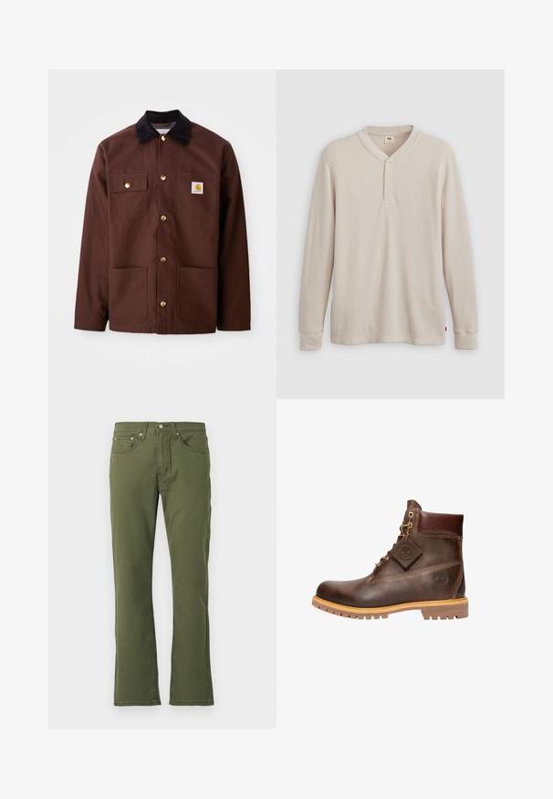 Veste en coton marron avec un col en velours côtelé noir, des boutons dorés, deux poches poitrine et un écusson carré sur la poche gauche.; T-shirt henley à manches longues en tissu côtelé beige clair, avec un col en V, une patte de boutonnage à trois boutons et des manches à poignets. Étiquette logo rouge à l'ourlet.; Jean évasé vert olive en coton avec une texture lisse ; comporte cinq poches, une fermeture à bouton et des détails de couture subtils.; Bottine marron en cuir avec col rembourré, laçage frontal, semelle robuste, et logo Timberland visible sur le côté et sur l'étiquette attachée.