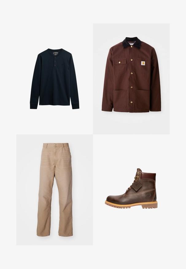 Chaqueta de algodón marrón con un cuello de pana negro, botones dorados, dos bolsillos en el pecho y un parche cuadrado con el logo en el bolsillo izquierdo.; Camisa henley de manga larga en color marino, hecha de algodón suave, con una tapeta de tres botones, dobladillo redondeado y pequeño logotipo en el pecho.; Pantalones de algodón beige con diseño de pierna recta, que presentan un cierre de cremallera, estilo de cinco bolsillos y una textura sutil.; Botín de cuero marrón hasta el tobillo con punta redonda, suela resistente, herrajes en tono dorado y parte superior texturizada. Incluye una etiqueta con el logo adjunta.