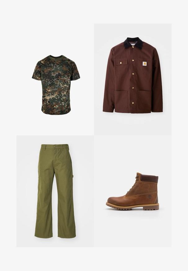 Bruine katoenen jas met een zwarte corduroy kraag, gouden knopen, twee borstzakken en een vierkante logo patch op de linkerzak.; Camo t-shirt van katoen, met een meerkleurig patroon in groen, bruin en zwart. Ronde hals en korte mouwen.; Olijfgroene wijde broek van duurzaam materiaal, met een knoopsluiting, zijzakken en een rechte zoom.; Bruine leren wandelschoen met een gladde afwerking, gevoerde enkel, metalen oogjes en een rubberen zool met een robuust profiel.
