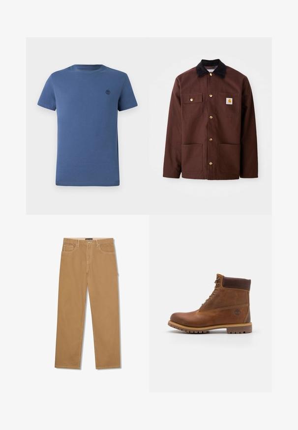 Braune Baumwolljacke mit einem schwarzen Cordkragen, goldenen Knöpfen, zwei Brusttaschen und einem quadratischen Logopatch auf der linken Tasche.; Blaues Rundhals-T-Shirt aus Baumwolle, mit kurzen Ärmeln und einem kleinen, dunklen Baum-Logo auf der linken Brustseite.; Hellbraune Hose mit geradem Bein, vorderem Knopf und Reißverschluss, Vorder- und Münztaschen sowie sichtbaren weißen Nähten.; Braune Lederwanderschuhe mit glatter Oberfläche, gepolstertem Knöchel, Metallösen und einer Gummisohle mit robustem Profil.
