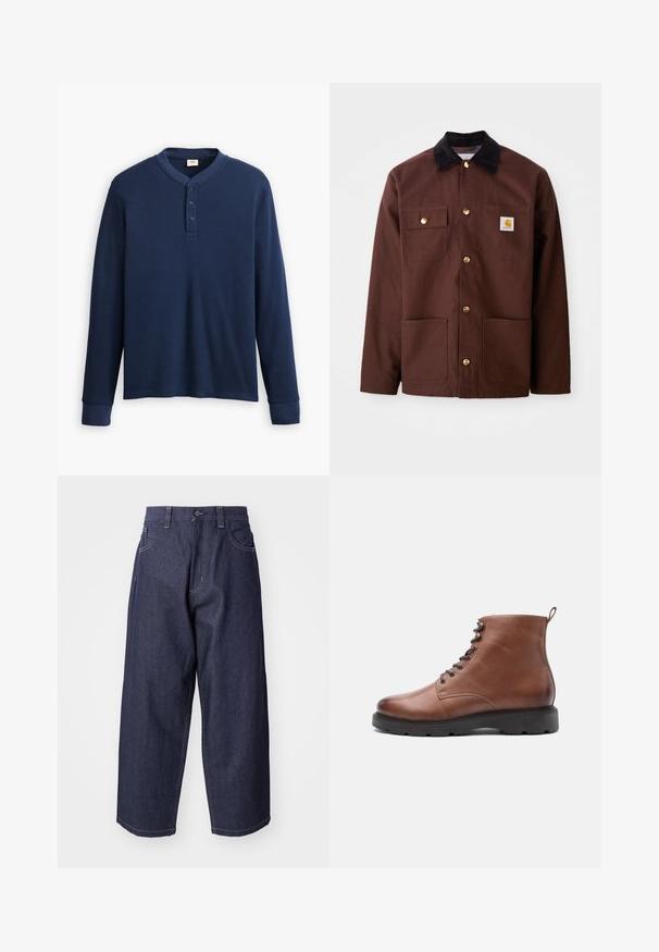 Chaqueta de algodón marrón con un cuello de pana negro, botones dorados, dos bolsillos en el pecho y un parche cuadrado con el logo en el bolsillo izquierdo.; Camisa henley de manga larga en color azul marino hecha de tela acanalada. Presenta un escote redondo y una tapeta de tres botones. Los puños son ajustados.; Jeans de mezclilla azul oscuro con un diseño suelto y de pierna ancha. Las características incluyen un cierre de botón, bolsillos frontales y acentos de costura visibles.; Botas de cuero marrón hasta el tobillo con punta redondeada, cierre con cordones en la parte delantera y suela de goma negra. Presenta un asa en la parte trasera para facilitar su uso.
