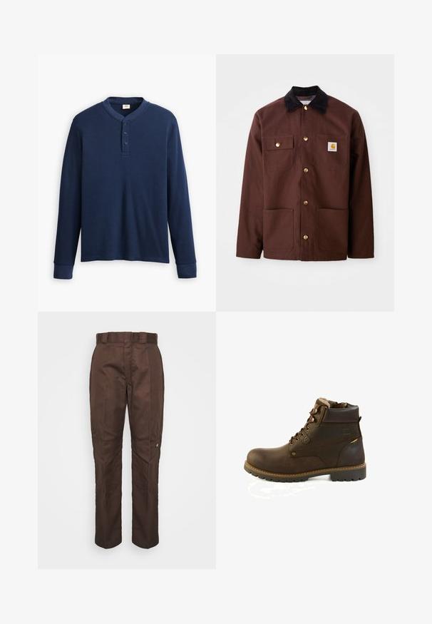 Chaqueta de algodón marrón con un cuello de pana negro, botones dorados, dos bolsillos en el pecho y un parche cuadrado con el logo en el bolsillo izquierdo.; Camisa henley de manga larga en color azul marino hecha de tela acanalada. Presenta un escote redondo y una tapeta de tres botones. Los puños son ajustados.; Pantalones marrones de pierna recta con una textura suave. Presenta un lazo para cinturón, costuras laterales y un pequeño logo de la marca en la pierna izquierda.; Bota de tobillo marrón de cuero con cordones, collar acolchado, forro de lana y suela con dibujo resistente, diseñada para uso al aire libre o invierno.