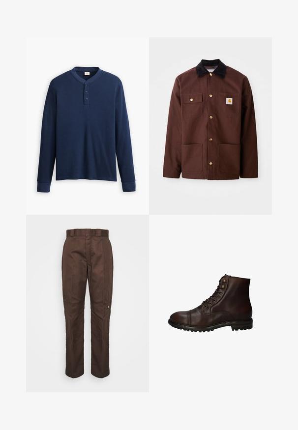 Braune Baumwolljacke mit einem schwarzen Cordkragen, goldenen Knöpfen, zwei Brusttaschen und einem quadratischen Logopatch auf der linken Tasche.; Langärmliges navyblaues Henley-Shirt aus geripptem Stoff. Mit rundem Ausschnitt und einer Knopfleiste mit drei Knöpfen. Die Bündchen sind schmal geschnitten.; Braune, gerade geschnittene Hose mit glatter Textur. Verfügt über einen Gürtelschlaufen, Seitennähte und ein kleines Markenlogo am linken Bein.; Dunkelbraune Leder Schnürstiefelette mit robustem Gummisohlen und Metallösen, von der Außenseite betrachtet.
