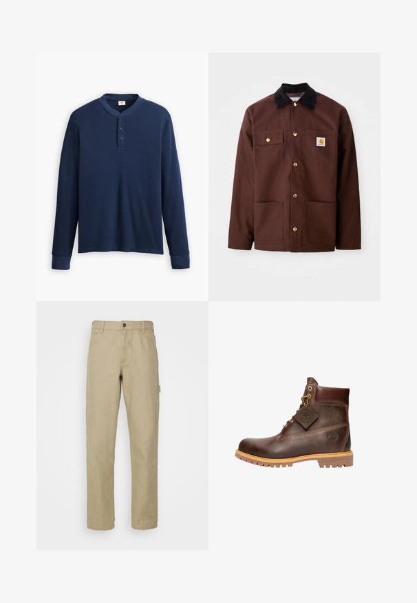 Chaqueta de algodón marrón con un cuello de pana negro, botones dorados, dos bolsillos en el pecho y un parche cuadrado con el logo en el bolsillo izquierdo.; Camisa henley de manga larga en color azul marino hecha de tela acanalada. Presenta un escote redondo y una tapeta de tres botones. Los puños son ajustados.; Pantalones de algodón beige con un diseño de pierna recta, que cuentan con un cierre frontal de botón, cinco bolsillos y un bolsillo lateral tipo cargo.; Botín de cuero marrón hasta el tobillo con punta redonda, suela resistente, herrajes en tono dorado y parte superior texturizada. Incluye una etiqueta con el logo adjunta.