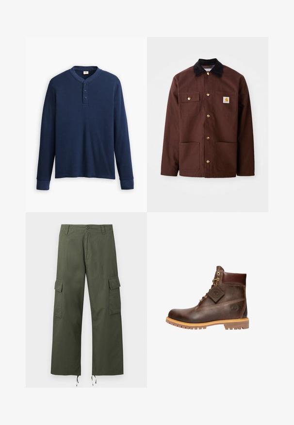 Chaqueta de algodón marrón con un cuello de pana negro, botones dorados, dos bolsillos en el pecho y un parche cuadrado con el logo en el bolsillo izquierdo.; Camisa henley de manga larga en color azul marino hecha de tela acanalada. Presenta un escote redondo y una tapeta de tres botones. Los puños son ajustados.; Pantalones cargo verde oliva con bolsillos laterales con solapa, cierre de botones, trabillas para cinturón y cordones ajustables en los bajos de pierna anchos.; Botín de cuero marrón hasta el tobillo con punta redonda, suela resistente, herrajes en tono dorado y parte superior texturizada. Incluye una etiqueta con el logo adjunta.
