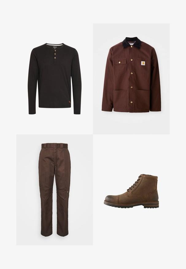Chaqueta de algodón marrón con un cuello de pana negro, botones dorados, dos bolsillos en el pecho y un parche cuadrado con el logo en el bolsillo izquierdo.; Camisa de manga larga negra hecha de una tela suave, con un cuello redondo, tapeta de botones con botones de madera y una pequeña etiqueta de logo en el dobladillo.; Pantalones marrones de pierna recta con una textura suave. Presenta un lazo para cinturón, costuras laterales y un pequeño logo de la marca en la pierna izquierda.; Bota de cuero marrón hasta el tobillo con cordones delanteros y suela rugosa, diseñada para uso casual o al aire libre.