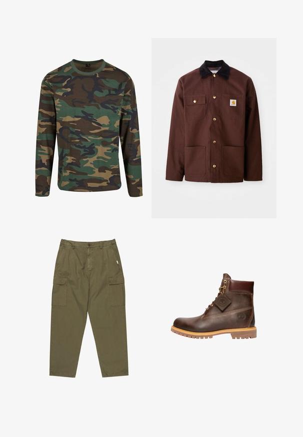 Bruine katoenen jas met een zwarte corduroy kraag, gouden knopen, twee borstzakken en een vierkante logo patch op de linkerzak.; Langarm camouflage t-shirt in aardetinten; met groene, bruine en zwarte patronen; ronde hals; zachte stof; ontspannen pasvorm.; Olijfgroene cargobroek van katoen, met een knoopsluiting aan de voorkant, zijzakken en twee grote cargozakken op de dijen.; Bruine leren enkelboot met een ronde neus, stevige zool, hardware in goudkleur en een gestructureerde bovenkant. Inclusief een merklabel dat is bevestigd.