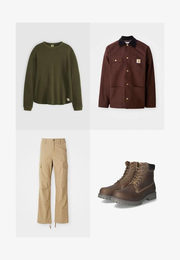 Brun bomuldsjakke med en sort fløjlskrave, gyldne knapper, to brystlommer og et firkantet logo-patch på venstre lomme.; Oliven grøn langærmet sweater i et tekstureret, ribbet materiale med rund hals, afslappet pasform og et lille mærke nederst på kanten.; Khaki cargo bukser lavet af slidstærkt stof, der har flere sidelommer, en lige ben-design og justerbare snore i kanten.; Brune læder ankelstøvler med snørebånd, polstret krave, kontrasterende syninger og slidstærk gummisål med skridsikre mønstre.