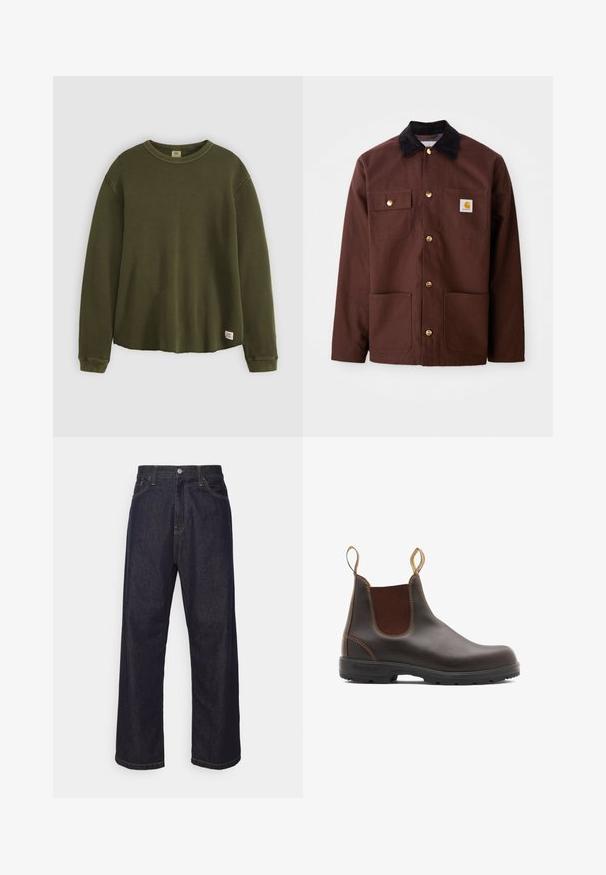 Chaqueta de algodón marrón con un cuello de pana negro, botones dorados, dos bolsillos en el pecho y un parche cuadrado con el logo en el bolsillo izquierdo.; Suéter de manga larga en verde oliva, confeccionado en un material texturizado y acanalado, con cuello redondo, corte relajado y una pequeña etiqueta de la marca en el dobladillo inferior.; Jeans de mezclilla de pierna recta en azul oscuro con costuras amarillas, botón delantero, cremallera y diseño de cinco bolsillos.; Botas Chelsea de cuero marrón con paneles laterales elásticos y tiradores. Parte superior texturizada, suela de goma duradera y detalle de costura en contraste.