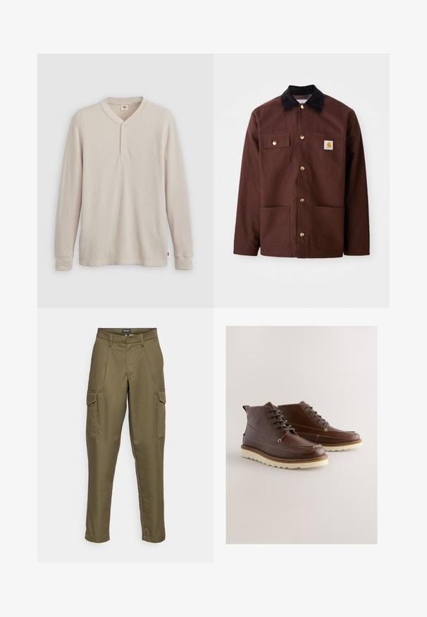 Ruskea puuvillatakki, jossa on musta corduroy-kaulus, kultaiset napit, kaksi rintataskua ja neliön muotoinen logo-patch vasemmassa taskussa.; Pitkähihaine henley-paitaa vaaleanbeige ribbikankaasta, jossa on V-pääntie, kolmesta nappia koostuva nappilista ja hihoissa resorit. Punainen logonauha helman kohdalla.; Oliivinvihreät cargo-housut, joissa on suora malli, etutaskut ja sivutaskut. Valmistettu kestävästä kankaasta, jossa on sileä pinta.; Ruskeat nahkasaappaat, joissa nyöritys, valkoinen ompelu ja kontrastivärinen pohja. Varustettu pyöreällä kärjellä ja nilkan korkeudella.