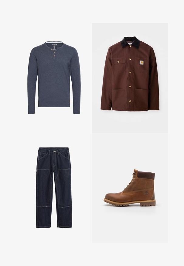 Chaqueta de algodón marrón con un cuello de pana negro, botones dorados, dos bolsillos en el pecho y un parche cuadrado con el logo en el bolsillo izquierdo.; Solid SDVOLKO - Camiseta de manga larga - mottled blue; Pantalones de denim azul oscuro con costuras dobles, botón frontal, trabillas para cinturón y múltiples bolsillos de parche reforzados en las piernas.; Botas de senderismo de cuero marrón con un acabado suave, tobillo acolchado, ojales de metal y suela de goma con un patrón de tracción robusto.