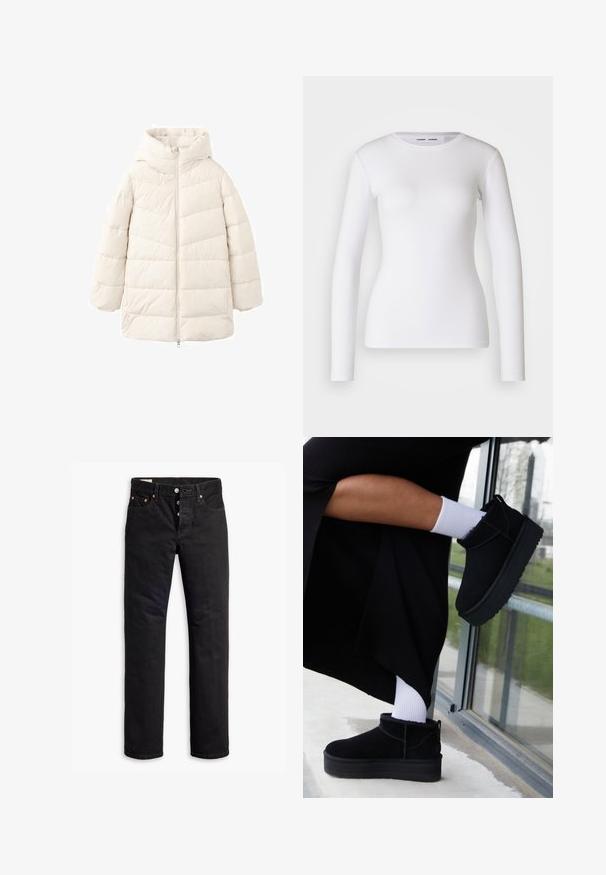 Lysebeige dunjakke med hætte, der har lynlåslukning foran og quiltet design. Kort, oversized pasform med struktureret stof.; Hvid langærmet skjorte lavet af ribbet stof, med runde udskæring og tætsiddende pasform. Ingen mønstre eller accenter er til stede.; Sorte denimjeans med lige pasform, fem lomme-design og knaplukning. Har kobbernitter og syningsdetaljer.; Sorte suede ankelstøvler med flad sål, med en bageste træksløjfe, båret med hvide ankelstrømper mod en minimalistisk baggrund.