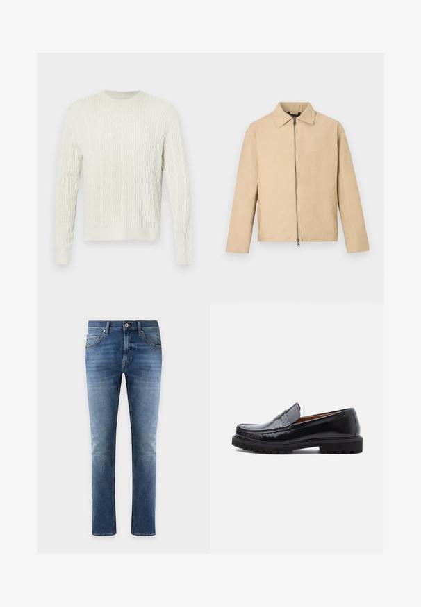 Veste légère beige avec un col, une fermeture éclair frontale et des manches longues. Texture lisse et design minimaliste.; Pull en maille torsadée crème avec un col rond et des poignets et un ourlet côtelés. Le design texturé ajoute de la profondeur au tissu.; Jean en denim bleu slim-fit avec bouton et fermeture éclair à l'avant, poches avant et arrière, et légère décoloration sur les cuisses et les genoux.; Mocassin penny en cuir noir avec semelle en caoutchouc épaisse et couture moc toe, montré de profil sur un fond blanc.