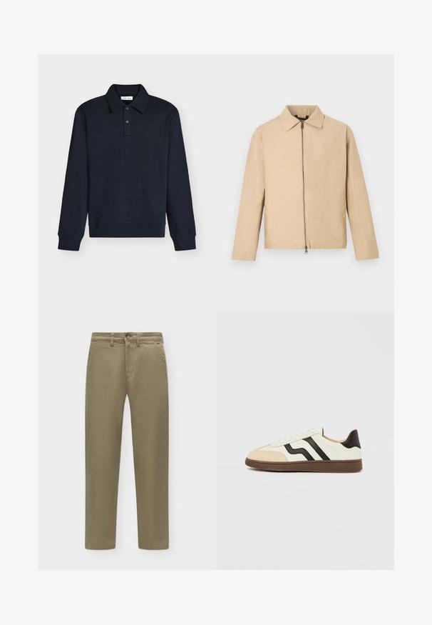 Veste légère beige avec un col, une fermeture éclair frontale et des manches longues. Texture lisse et design minimaliste.; Polo manches longues bleu marine foncé avec col et deux boutons sur la patte, poignets et ourlet en côte, présenté sur fond blanc.; Pantalon droit kaki avec bouton et fermeture éclair, passants de ceinture et poches latérales sur un fond clair uni.; Baskets en cuir blanc avec bandes noires et embout en daim beige. Semelle en caoutchouc brun foncé. Lacets et col rembourré complètent le design.