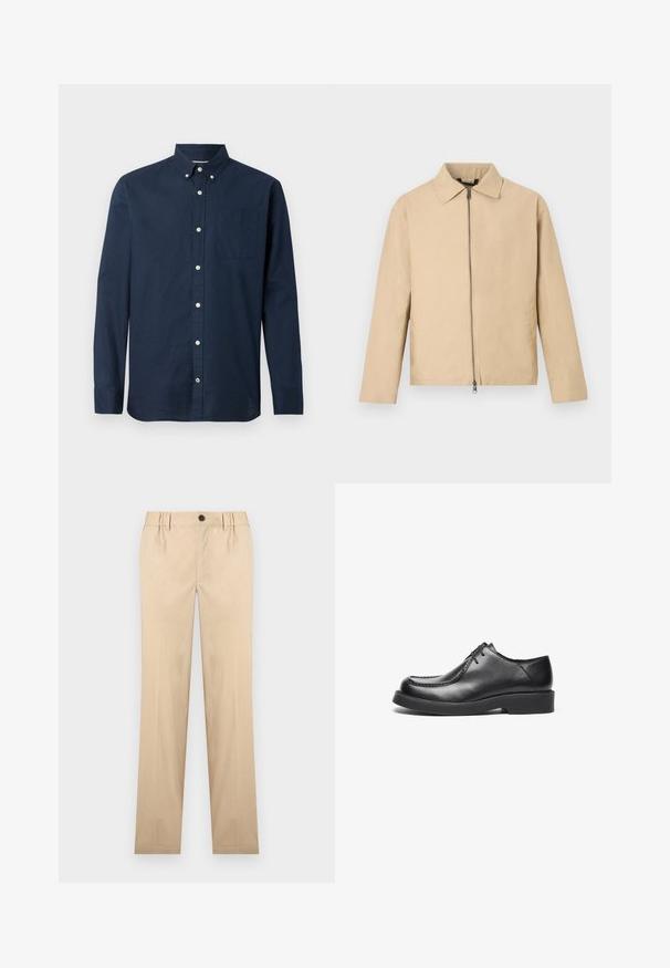 Beige leichte Jacke mit Kragen, durchgehendem Reißverschluss vorne und langen Ärmeln. Glatte Textur und minimalistisches Design.; Navyblaues Langarmhemd aus leichtem Stoff mit Button-Down-Kragen, Brusttasche und weißen Knöpfen. Glatte Textur.; Beige gerade Hose mit vorderem Knopf, Gürtelschlaufen und Seitentaschen.; Schwarze Lederschuhe mit einer runden Spitze, geraden Nähakzenten und einer flachen Gummisohle. Klassisches, sauberes Design, Schnürverschluss.