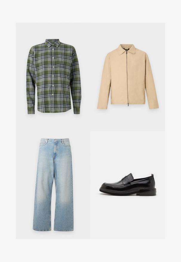 Veste légère beige avec un col, une fermeture éclair frontale et des manches longues. Texture lisse et design minimaliste.; Chemise à carreaux verts en tissu doux, dotée de manches longues, d'un col boutonné et d'une poche poitrine avec un petit logo.; Jeans larges bleu clair en denim, dotés d'une taille haute, de poches avant et d'un délavage avec un léger usure au niveau des cuisses.; Calvin Klein MOCCASIN - Mocassins de ville - black