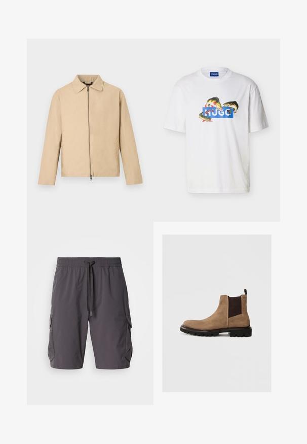 Beige leichte Jacke mit Kragen, durchgehendem Reißverschluss vorne und langen Ärmeln. Glatte Textur und minimalistisches Design.; Weißes Kurzarm-T-Shirt mit blauem "HUGO"-Logo und drei bunten Fischgrafiken um das Logo auf der Vorderseite.; Graue Cargo-Shorts aus leichtem Stoff, mit einem Kordelzugbund, Seitentaschen und einem leicht lockeren Schnitt.; Braune Wildleder Chelsea-Stiefel mit elastischen Seitenpaneelen, runder Zehenform und robustem schwarzen Sohlen. Mit einer Schlaufe an der Rückseite für einfaches Anziehen.