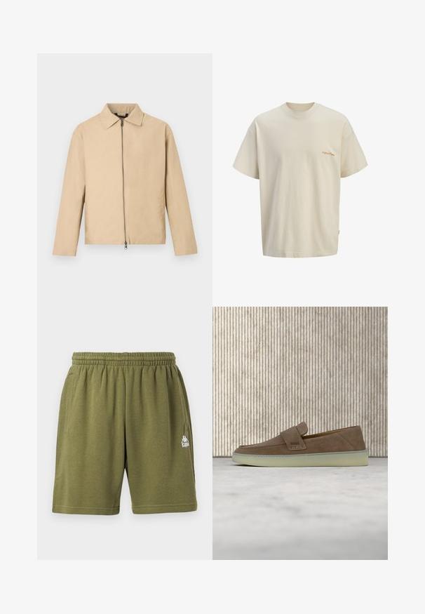 Veste légère beige avec un col, une fermeture éclair frontale et des manches longues. Texture lisse et design minimaliste.; T-shirt en coton couleur crème à manches courtes avec un petit texte orange « original © 1990 » sur la poitrine gauche.; Shorts décontractés à taille élastique vert olive avec poches latérales et un petit logo blanc Kappa sur la jambe droite.; Mocassin beige en daim sans lacets avec semelle en caoutchouc blanche et logo BOSS sur la sangle latérale, présenté sur un fond neutre uni.