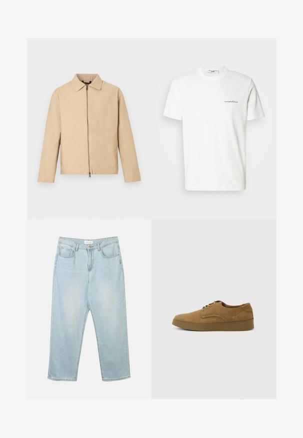 Beige lichtgewicht jas met een kraag, ritssluiting aan de voorkant en lange mouwen. Soepele textuur en minimalistisch ontwerp.; Wit katoenen T-shirt met een ronde hals en korte mouwen. Heeft een klein zwart logo en tekst aan de linkerkant van de borst.; Lichtblauwe denim jeans met een relaxte fit, vijf zakken, een knoopsluiting en subtiele vervaging. De textuur is glad en licht versleten.; Bruine suède veterschoen voor vrijetijdskleding met een platte rubberen zool, zijaanzicht tegen een eenvoudige lichte achtergrond.