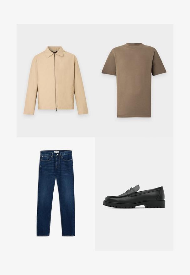Beige leichte Jacke mit Kragen, durchgehendem Reißverschluss vorne und langen Ärmeln. Glatte Textur und minimalistisches Design.; Braunes Baumwoll-T-Shirt mit kurzen Ärmeln, Rundhalsausschnitt und geradem Schnitt. Glatte Textur, minimale Nahtdetails und keine sichtbaren Logos.; Dunkelblaue Jeans aus Denim mit geradem Schnitt, fünf Taschen und Kontrastnähten. Mit Knopfverschluss und Reißverschluss.; Schwarze Lederloafer mit runder Zehenform, ausgestattet mit einem gesteppten Design, niedrigem Plattformsohle und einer strukturierten, genoppten Gummisohle.