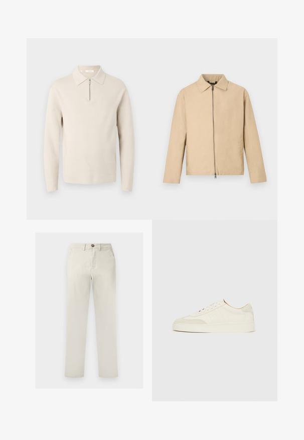 Beige leichte Jacke mit Kragen, durchgehendem Reißverschluss vorne und langen Ärmeln. Glatte Textur und minimalistisches Design.; Beiger Pullover mit langen Ärmeln, Kragen und kurzem Frontreißverschluss, gezeigt auf weißem Hintergrund.; Beige gerade geschnittene Hose mit Fronttaschen, Gürtelschlaufen, Knopfverschluss und Reißverschluss, dargestellt vor weißem Hintergrund.; Weiße Wildleder-Sneaker mit glatter Oberfläche, rundem Zehenbereich, flachem Schnürdesign und kontrastierenden, strukturierten Akzenten. Mit einem dezenten Logodetail versehen.