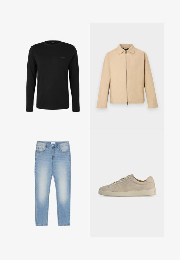 Beige lichtgewicht jas met een kraag, ritssluiting aan de voorkant en lange mouwen. Soepele textuur en minimalistisch ontwerp.; Zwart shirt met lange mouwen en ronde hals met klein "JOOP! JEANS" logo op de linkerborst, weergegeven op een effen witte achtergrond.; Lichtblauwe denim jeans met een reguliere pasvorm, vijf zakken, lichte slijtage aan de voorkant en een recht gesneden pijp.; Beige suède lage sneaker met vetersluiting en dikke rubberen zool, gezien vanaf de zijkant op een effen witte achtergrond.