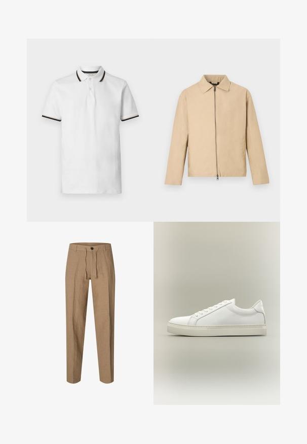 Veste légère beige avec un col, une fermeture éclair frontale et des manches longues. Texture lisse et design minimaliste.; Polo blanc à manches courtes avec rayures noires et beiges sur le col et les bords des manches, patte à deux boutons et tissu en coton doux.; Pantalon droit marron clair avec fermeture par bouton et cordon, passants de ceinture et texture subtile du tissu sur fond blanc.; Baskets blanches basses à lacets sur l’avant et semelle épaisse, vues de côté sur un fond neutre.