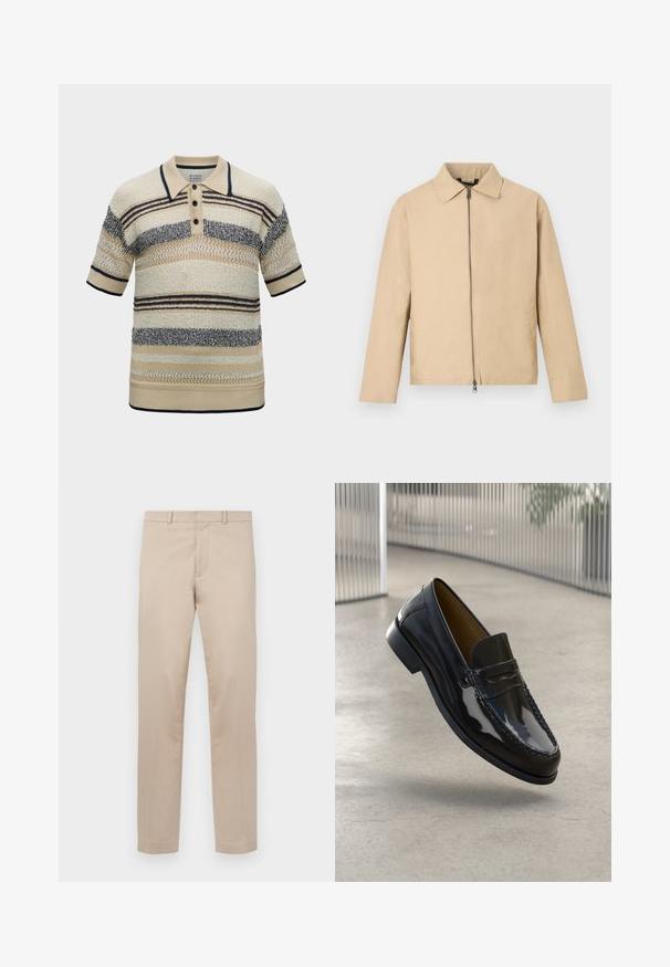 Veste légère beige avec un col, une fermeture éclair frontale et des manches longues. Texture lisse et design minimaliste.; Polo à manches courtes rayé beige et noir avec motif en tricot texturé et trois boutons noirs sur le plastron avant.; Pantalon beige à jambes droites avec passants de ceinture, fermeture éclair à l'avant et bouton, présenté à plat sur un fond clair.; Mocassin en cuir verni noir avec un accent cousu, bout rond, petit talon et surface lisse, présenté sur un fond neutre.