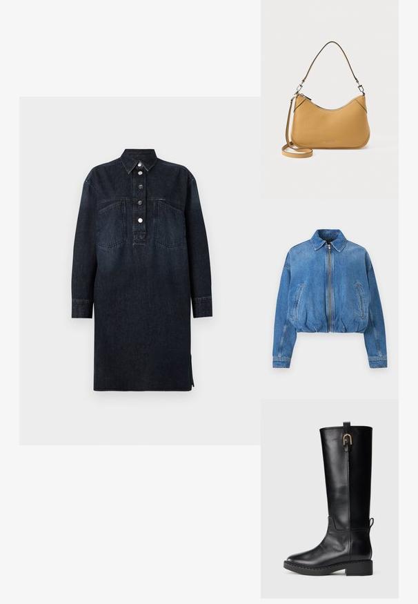 Sinine teksariidest lukuga jakk kraega, pikkade varrukatega, küljetaskutega ja elastse äärega, tasapinnal heledal taustal laotatud.; CLOSED DRESS - Teksakleit - dark blue; Mustad mustad kintsukakudega mustaskoonne, sujuva viimistlusega, ümmarguse varbaga, madala plokkkontsaga ja kuldse aksessuaariga külgedel.; Tan-pruunist nahast Michael Kors käekott lühikese käepideme ja eemaldatava pika rihmaga, valgel taustal.