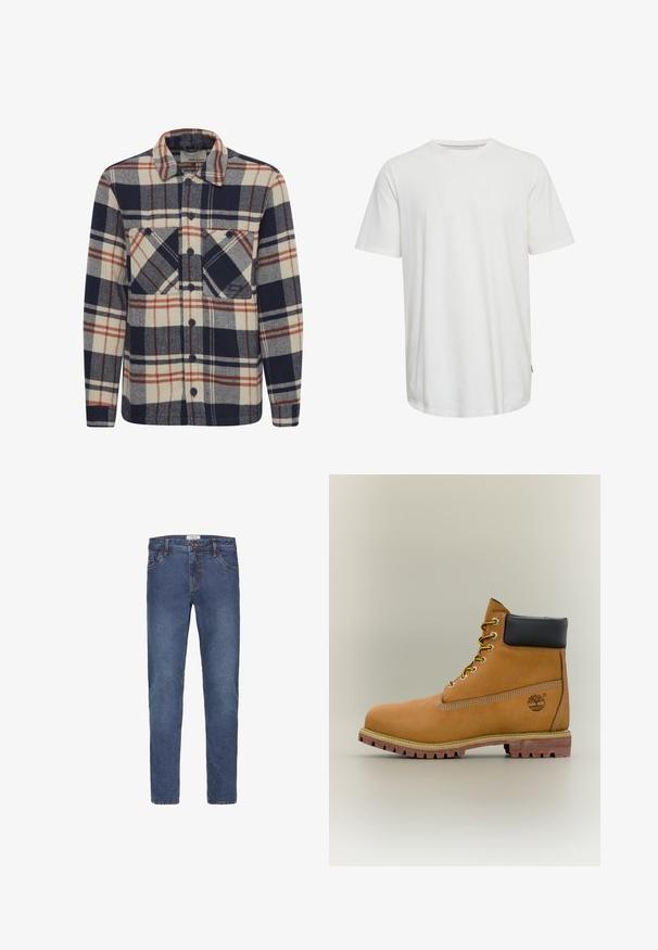 Chemise en flanelle à carreaux dans les tons marine, crème et rouille, avec un devant à boutons, deux poches poitrine et un col avec une texture douce.; T-shirt blanc à manches courtes en coton. Présente un col rond, une coupe droite et un détail de couture latérale subtil.; Jean en denim de couleur bleu foncé avec une coupe droite, un design à cinq poches et des coutures contrastées. Fermeture par bouton et fermeture éclair.; Bottine en cuir marron avec col noir, lacets jaunes et semelle beige. Présente un logo et des détails de couture blanche. Semelle extérieure à traction robuste.
