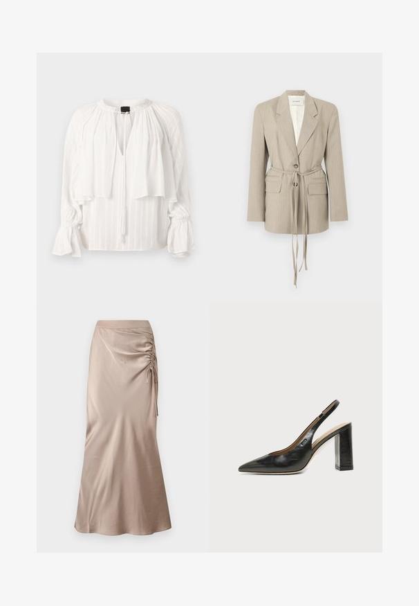 Beige blazer med nålestriber, med revers, en knap, to frontlommer med klap og et langt stofbælte bundet i taljen, vist på en hvid baggrund.; Hvid bluse med plisseret design, V-udskæring og lagdelt front. Har lange, puffede ærmer med sammensnørede manchetter og en frynset snøredetalje.; Satin midi nederdel i en afdæmpet beige farve med rynket detalje i siden og en lige silhouet med en let udvidelse ved kanten.; Sort læder peep-toe slingback sko med høj blokhæl og beige indvendig foring mod en ensfarvet lys baggrund.